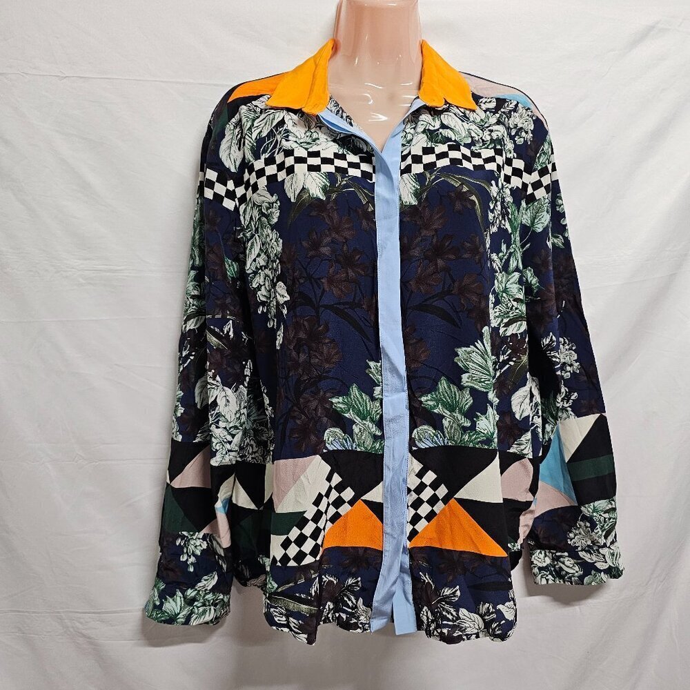 MSGM Button Up Top Blouse Shirt Women Size 40 Italian Silk Multi pattern